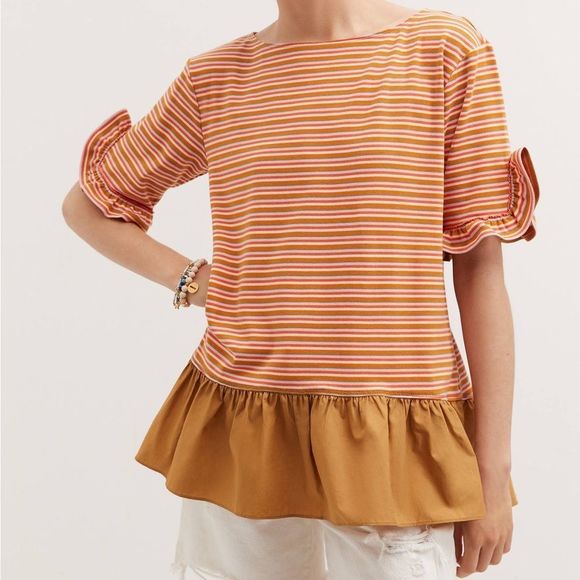 Anthropologie Maeve Orange Pink White Beige Striped Peplum Blouse Size Small - Picture 1 of 12